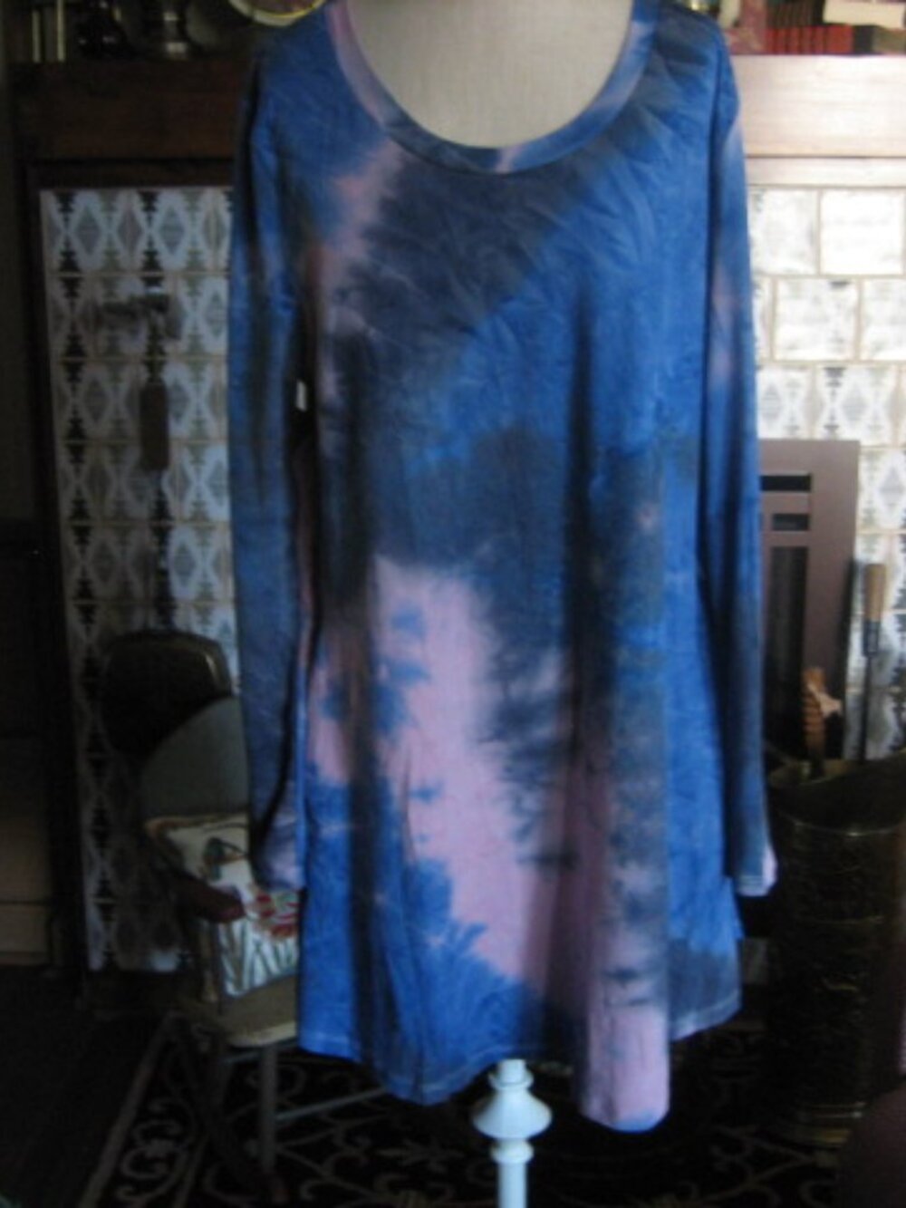 Umgee Tee Shirt Dress Blue Pink Tie-Dye Stretchy Hi-Low Small NEW w/ TAGS